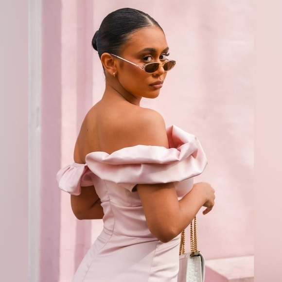 Womens Dresses | Blush Satin Off Shoulder Ruffle Midi Dress - Picture 7 of 11